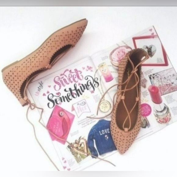 Shoes - Blush pink laser cut design lace up pointed toe flats